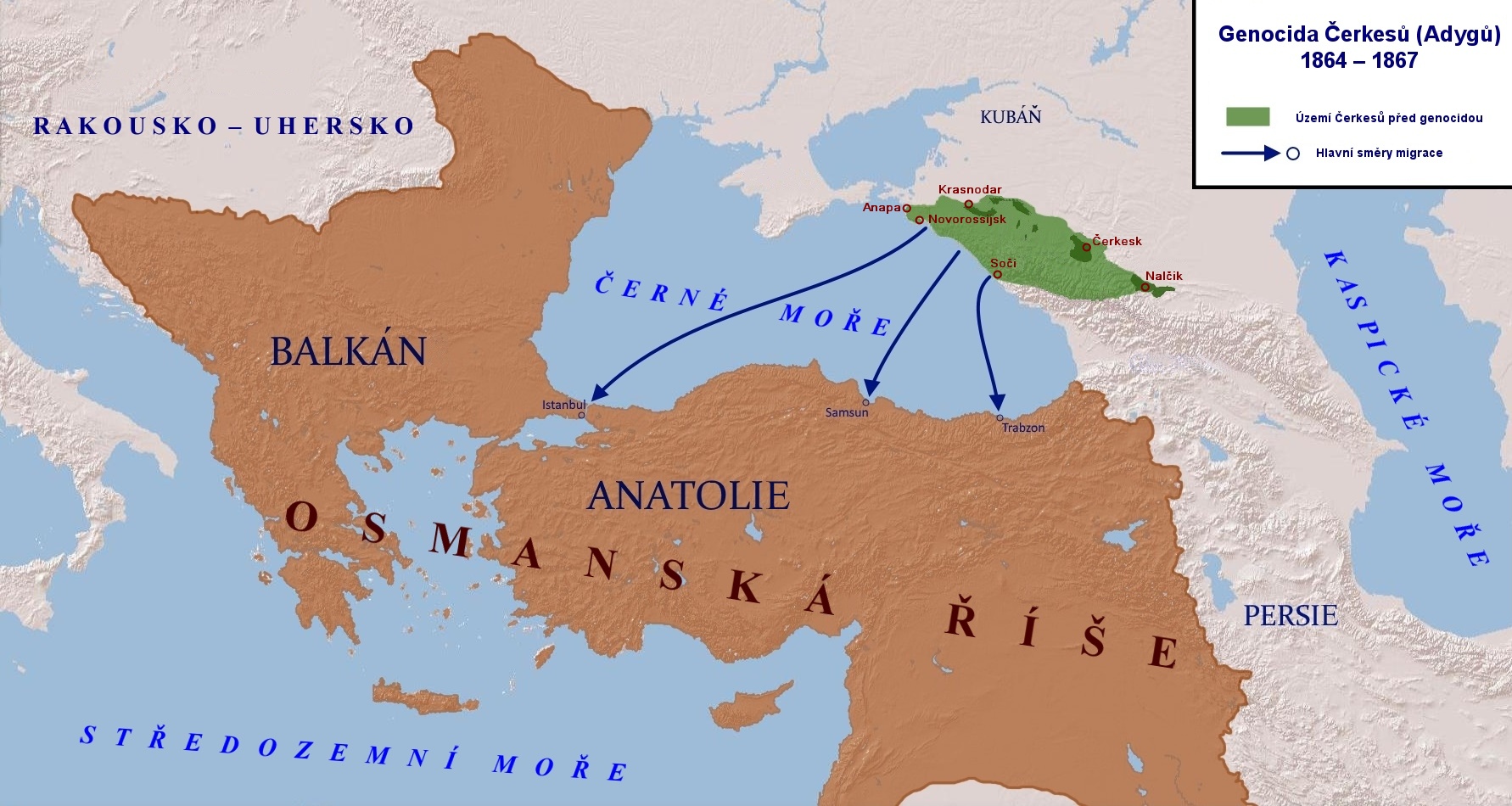 Genocida a obsazení území Čerkesů (Adygů) Ruskem 1864 – 1867 s hlavními směry migrace do Osmanské říše.